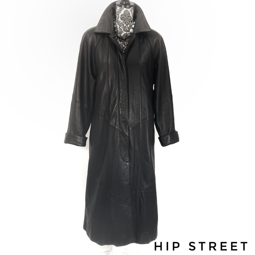 LEATHER LIMITED Cuff Sleeve Button Front Zip Interior Leather Maxi Long Coat PM